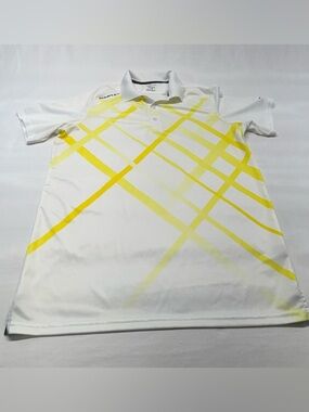 LOakley Men's Golf Polo - White with Yellow Geometric Crosshatch - Size Large
